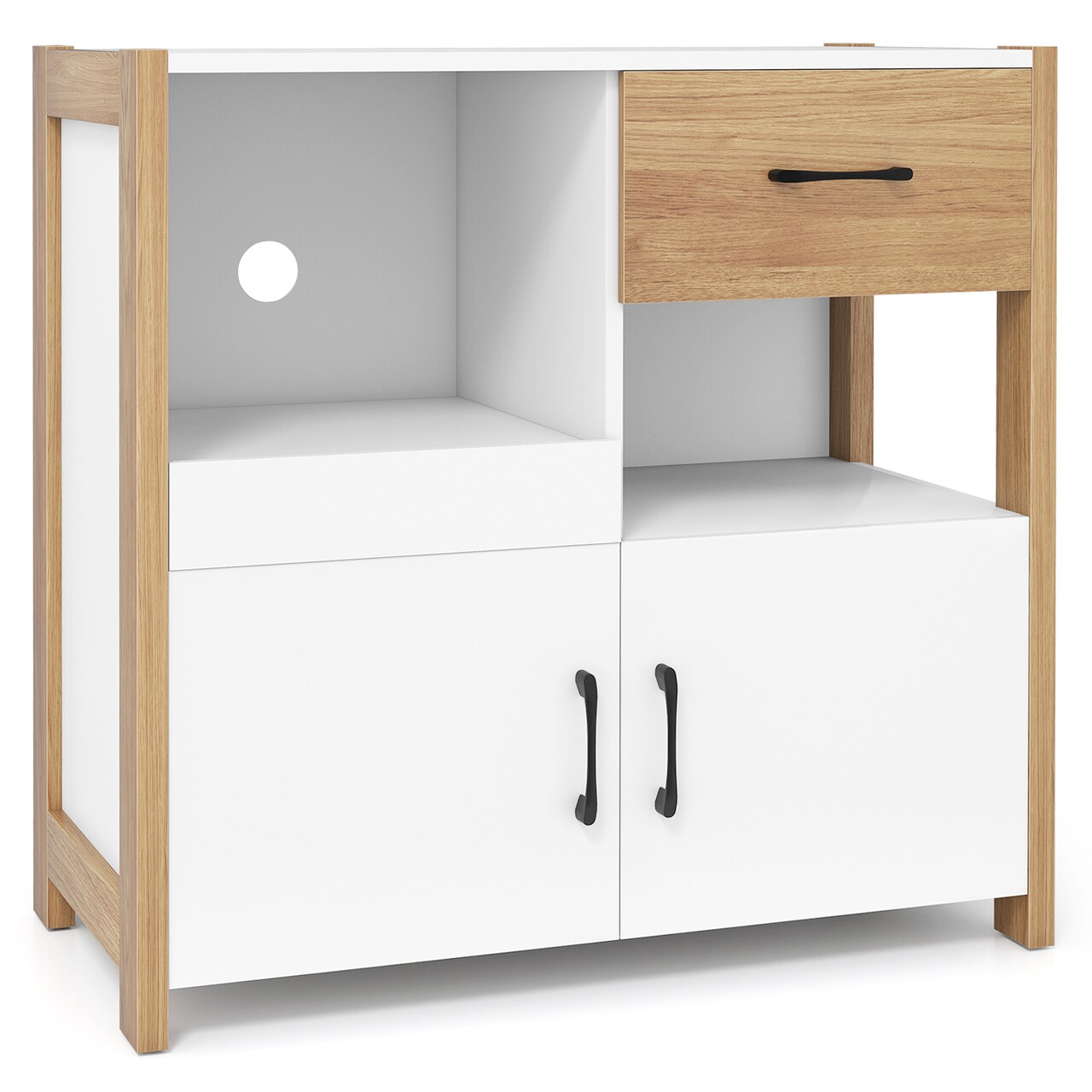 White Engineered Wood Kitchen Sideboard with Drawer, Pull-Out Shelf and Cabinets
